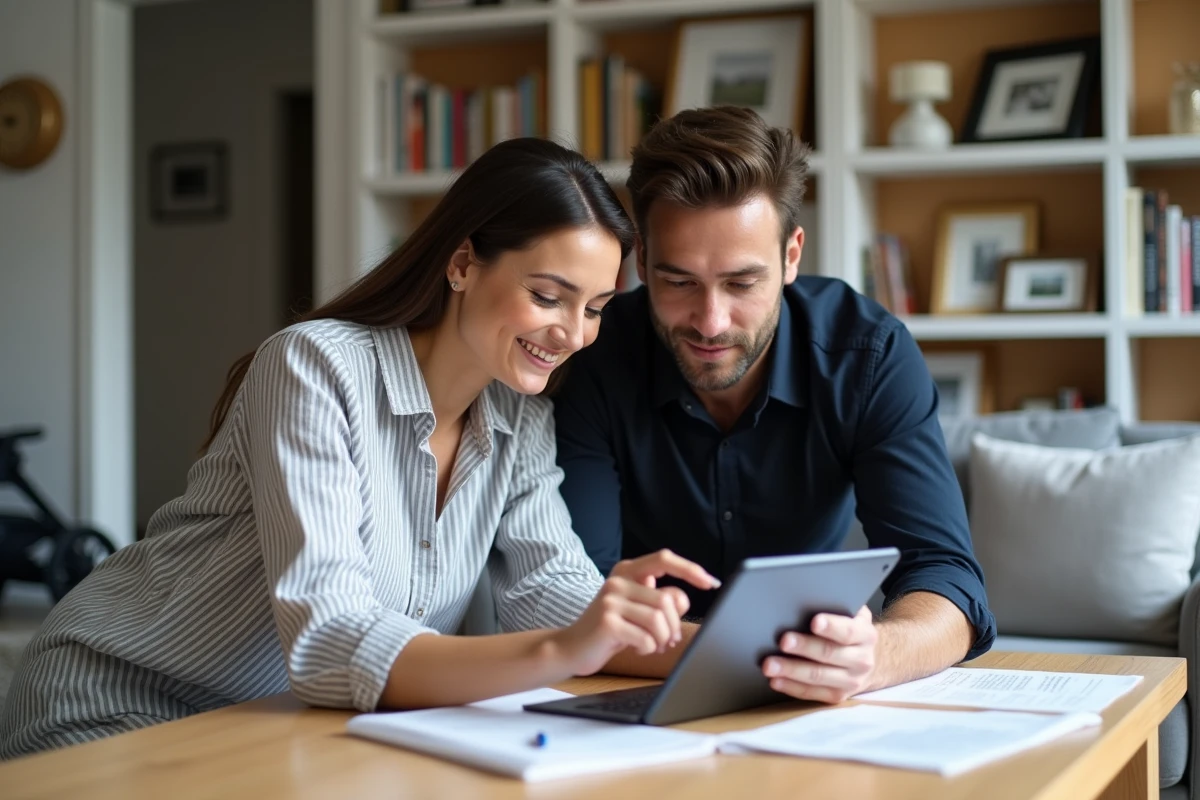 Couple de jeunes parents consultant ensemble une simulation de congé parental CAF sur tablette pour organiser leur budget 2026