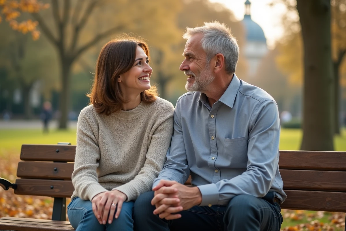 Femme et homme discutant dans un parc parisien en automne