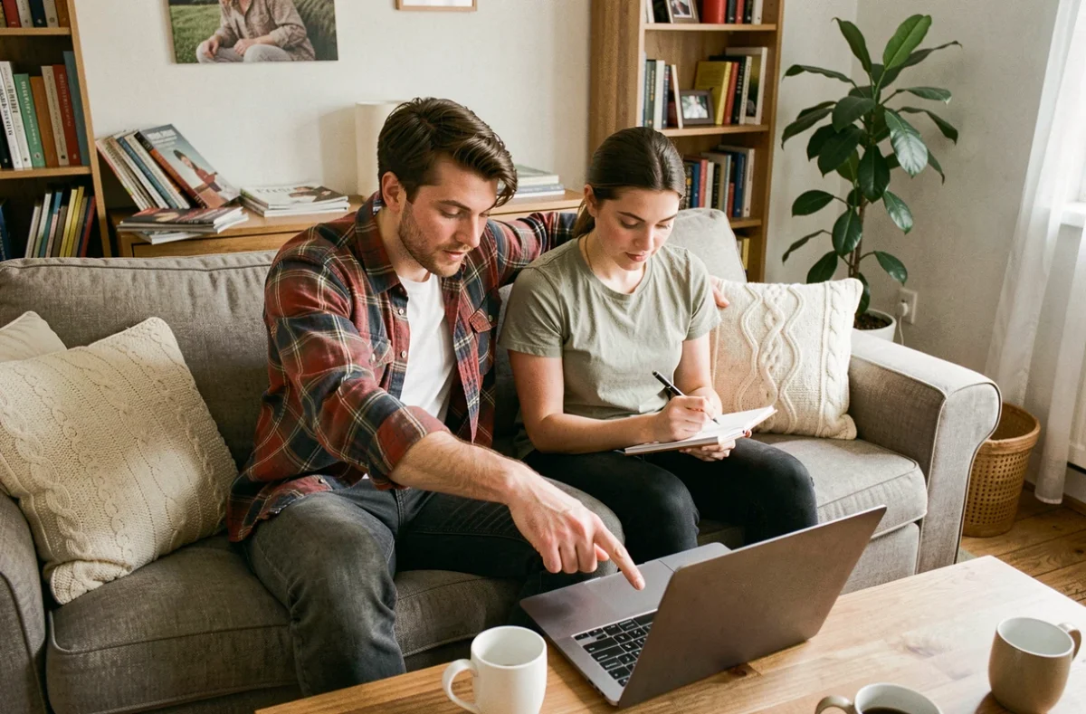 Couple planifiant ses économies familiales sur un ordinateur portable dans un salon confortable