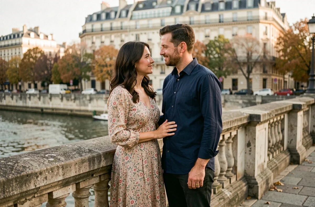 Couple complice sur un pont parisien en automne, évoquant la vie de couple et les rumeurs sentimentales d'une célébrité française