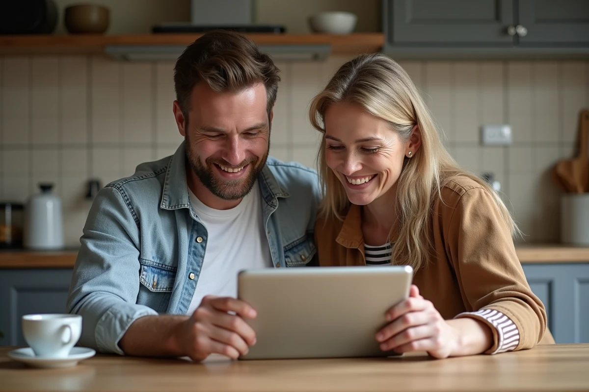 Couple consultant ensemble le portail famille Meudon sur une tablette num&eacute;rique dans leur cuisine