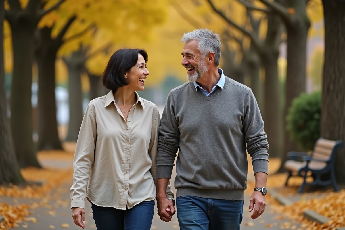 Couple se promenant dans un parc parisien en automne, partageant un moment complice et détendu loin des obligations professionnelles