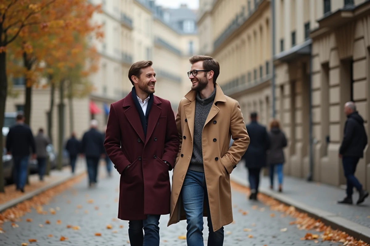 Deux hommes marchant et riant ensemble dans une rue parisienne en automne entourés de feuilles dorées