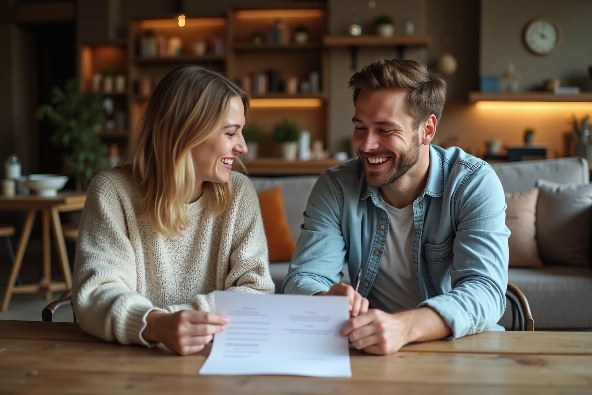Couple jouant à un jeu de questions-réponses avec une fiche imprimée sur une table en bois rustique