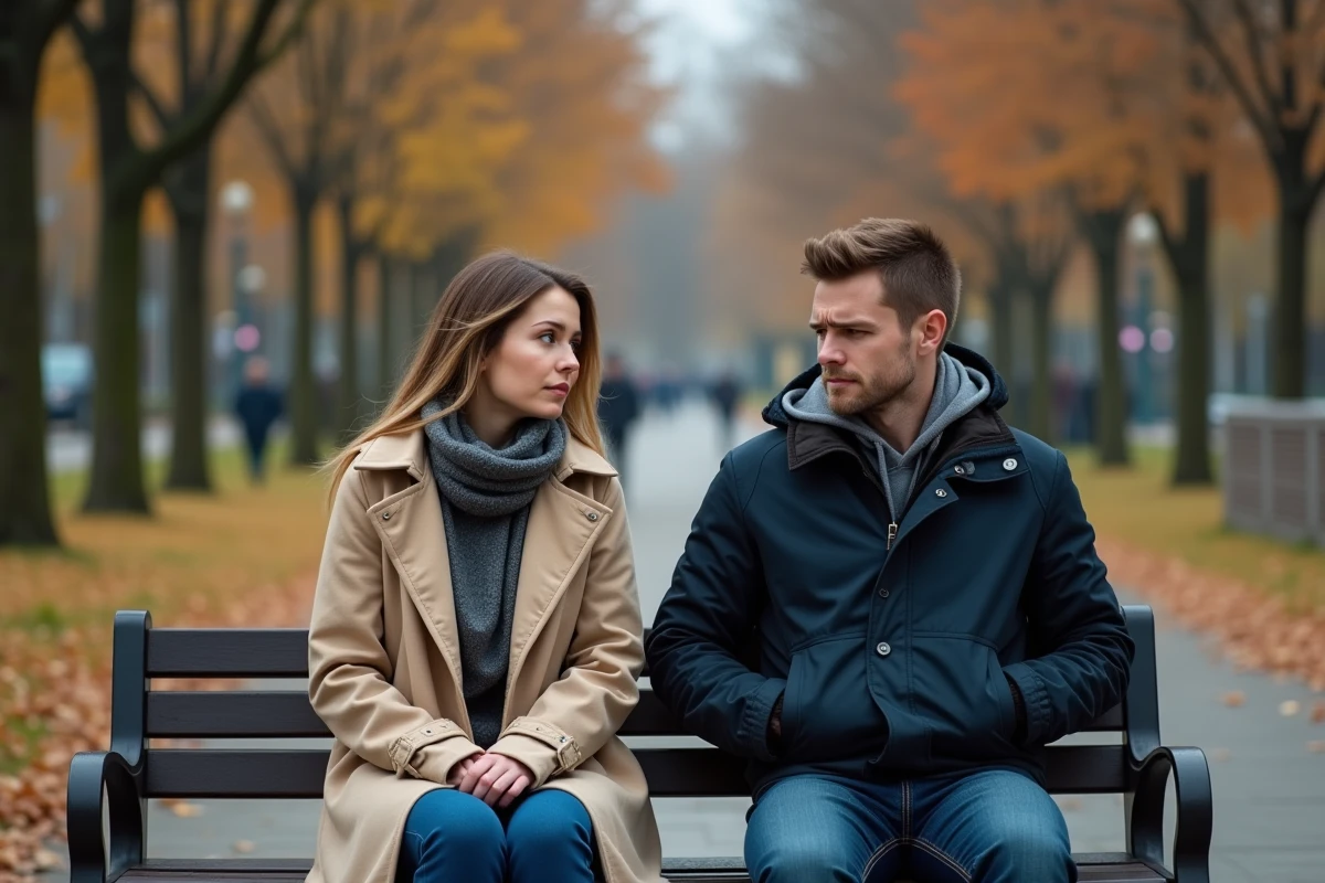 Couple en silence sur un banc de parc après une dispute, distance émotionnelle visible