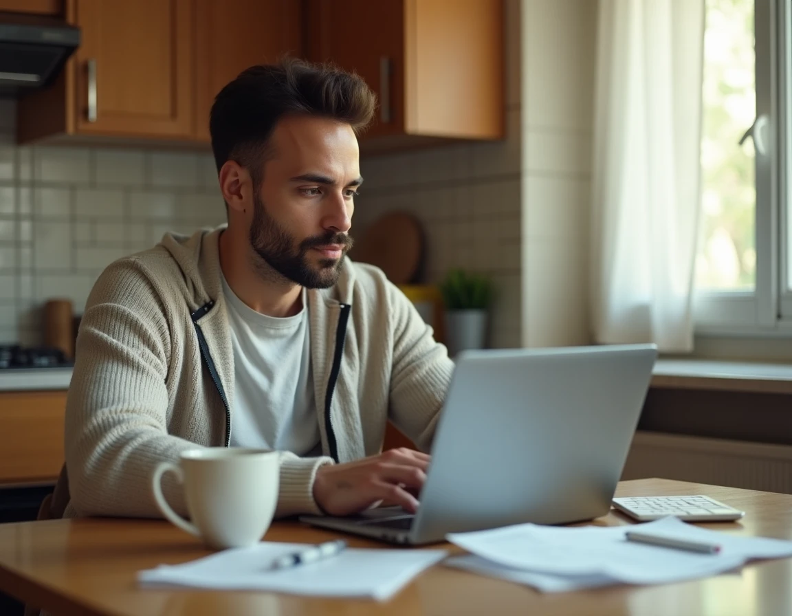 Personne consultant sa déclaration fiscale sur un ordinateur portable dans une cuisine pour calculer ses revenus imposables dans le cadre d'une obligation alimentaire