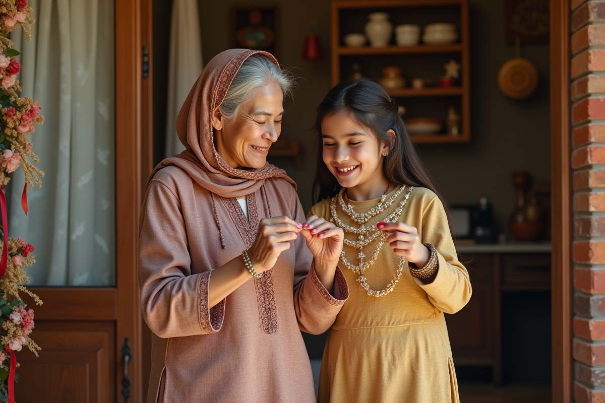 Femme âgée et jeune fille décorant une entrée avec des guirlandes