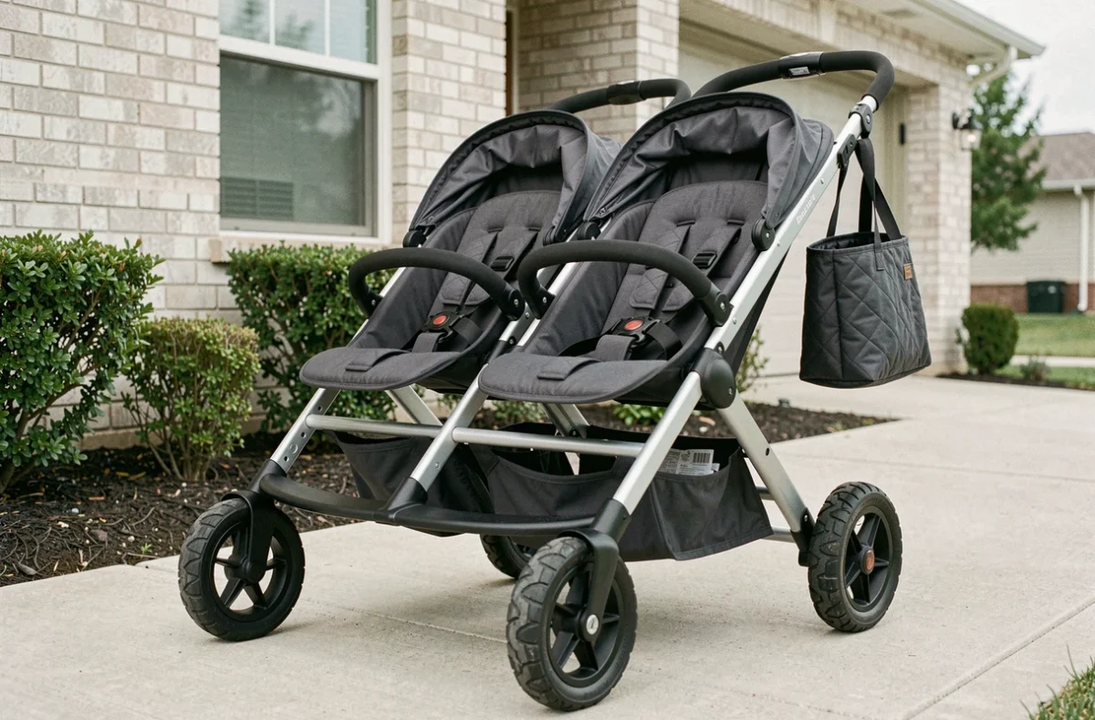 Détail de la poussette Familidoo 4 places avec harnais cinq points, roues tout-terrain et sac à langer, garée devant une maison