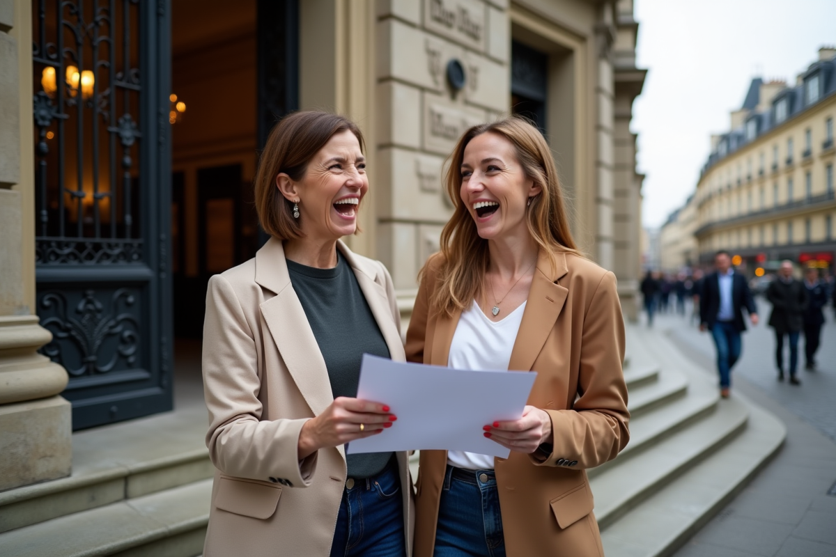 Deux femmes riant après avoir signé un PACS devant la mairie