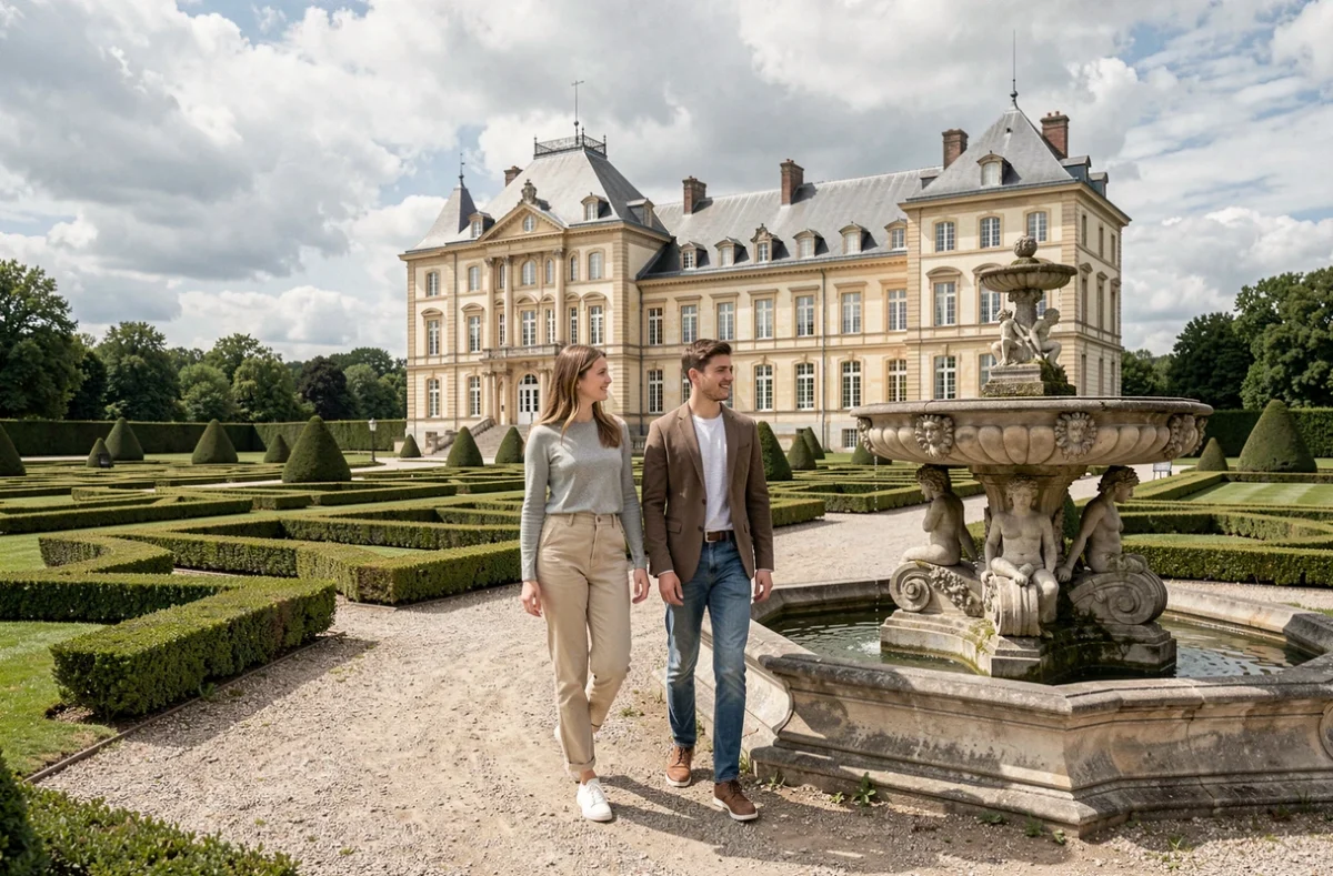 Mère et fille se promenant dans les jardins formels du Domaine de Vizille avec le château historique en arrière-plan