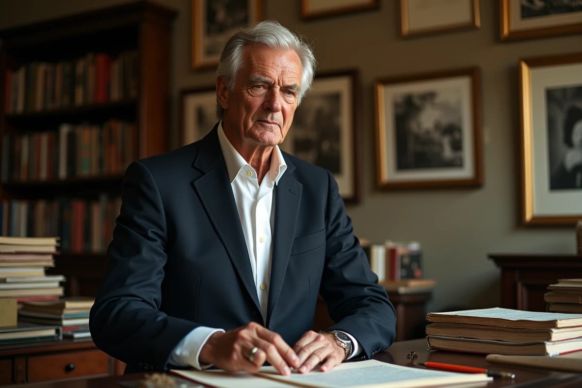 Portrait d'un éditeur parisien distingué aux cheveux argentés dans un bureau littéraire parisien, évoquant le monde de l'édition française