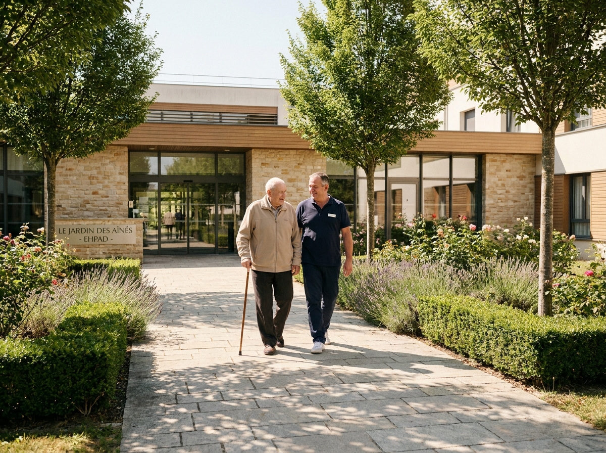 Jardin et façade extérieure de l'EHPAD Le Parc de Diane à Nantes, résident se promenant avec un accompagnateur dans un cadre verdoyant