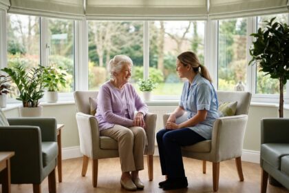 Résidente âgée en conversation avec une soignante dans le salon chaleureux d'un EHPAD à Nantes, Le Parc de Diane de LNA Santé