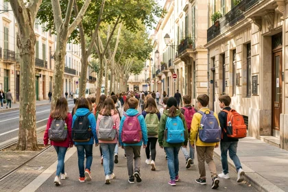 Élèves de collège marchant vers leur école dans une rue urbaine de Montpellier avec des bâtiments méditerranéens en arrière-plan
