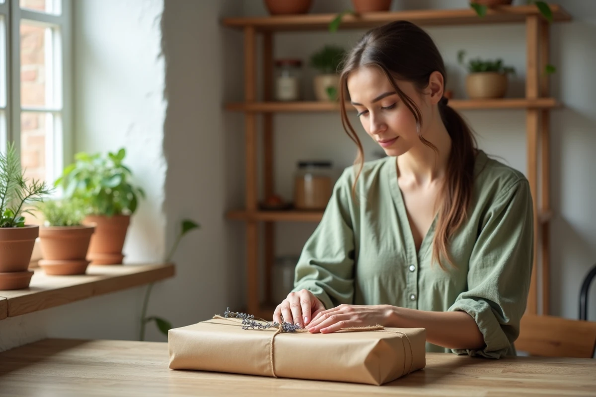 Jeune femme emballant un cadeau de baptême écoresponsable avec du papier kraft recyclé et de la lavande séchée dans une cuisine minimaliste