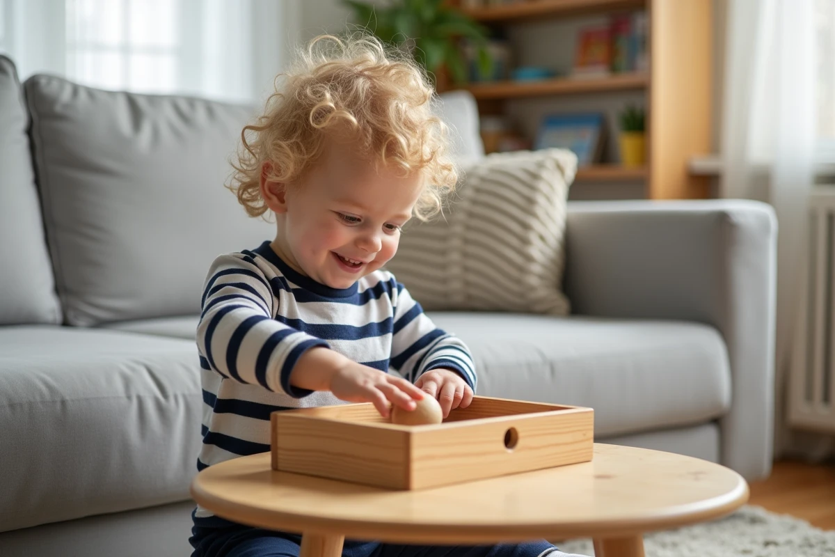 Enfant de 2 ans souriant en découvrant une boîte de permanence de l'objet Montessori en bois de pin dans un salon familial chaleureux