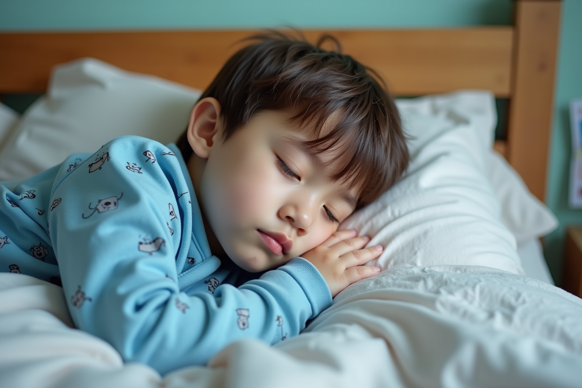 Jeune garçon endormi paisiblement dans son lit avec protection