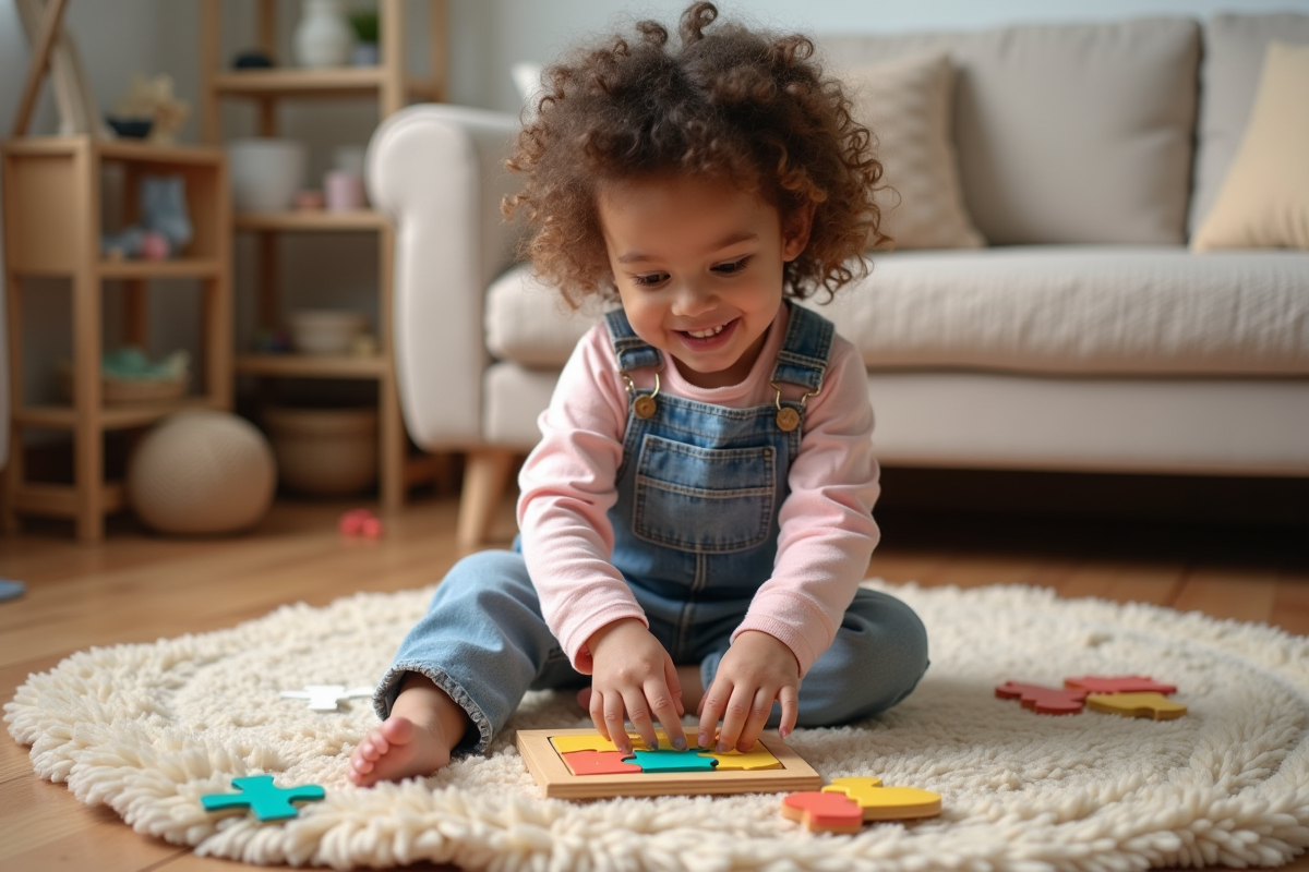 Jeune fille de deux ans assemble un puzzle d'animaux dans un salon