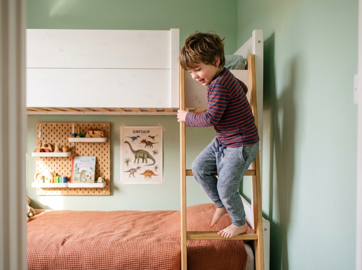 Enfant grimpant l'échelle d'un lit cabane superposé blanc dans une chambre aux murs vert pastel