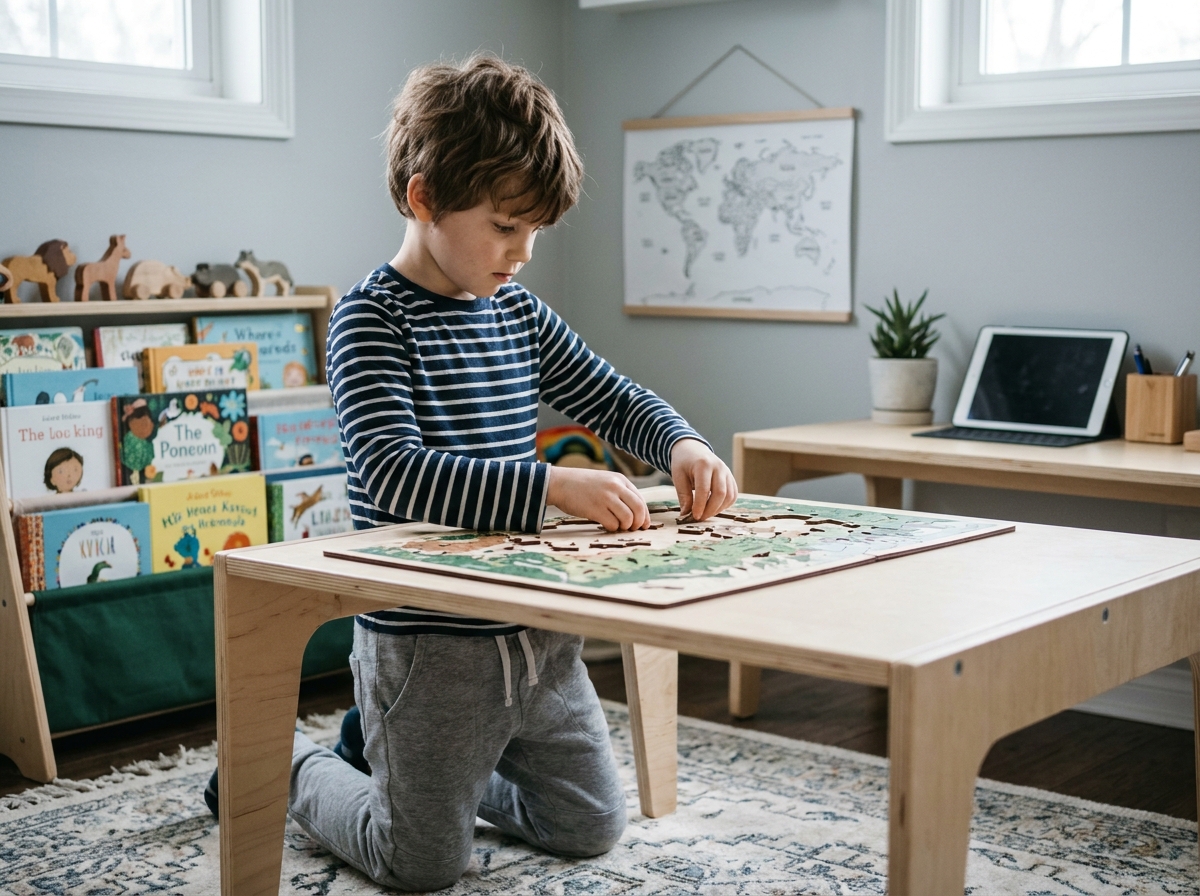 Garçon de 7 ans concentré sur un puzzle en bois représentant une carte de forêt, tablette numérique inutilisée posée sur un bureau en arrière-plan