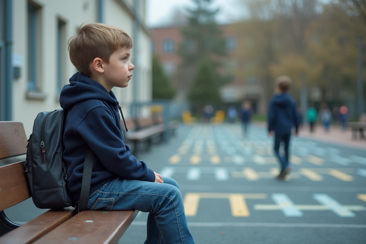Jeune garçon assis seul sur un banc de cour d'école, tenant son sac à dos, regard pensif au loin, symbolisant la solitude et les questionnements d'un enfant face à son parcours scolaire adapté