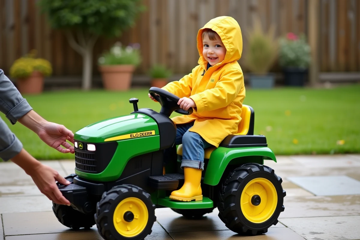 Enfant assis sur son tracteur électrique réglé et prêt à rouler dans le jardin