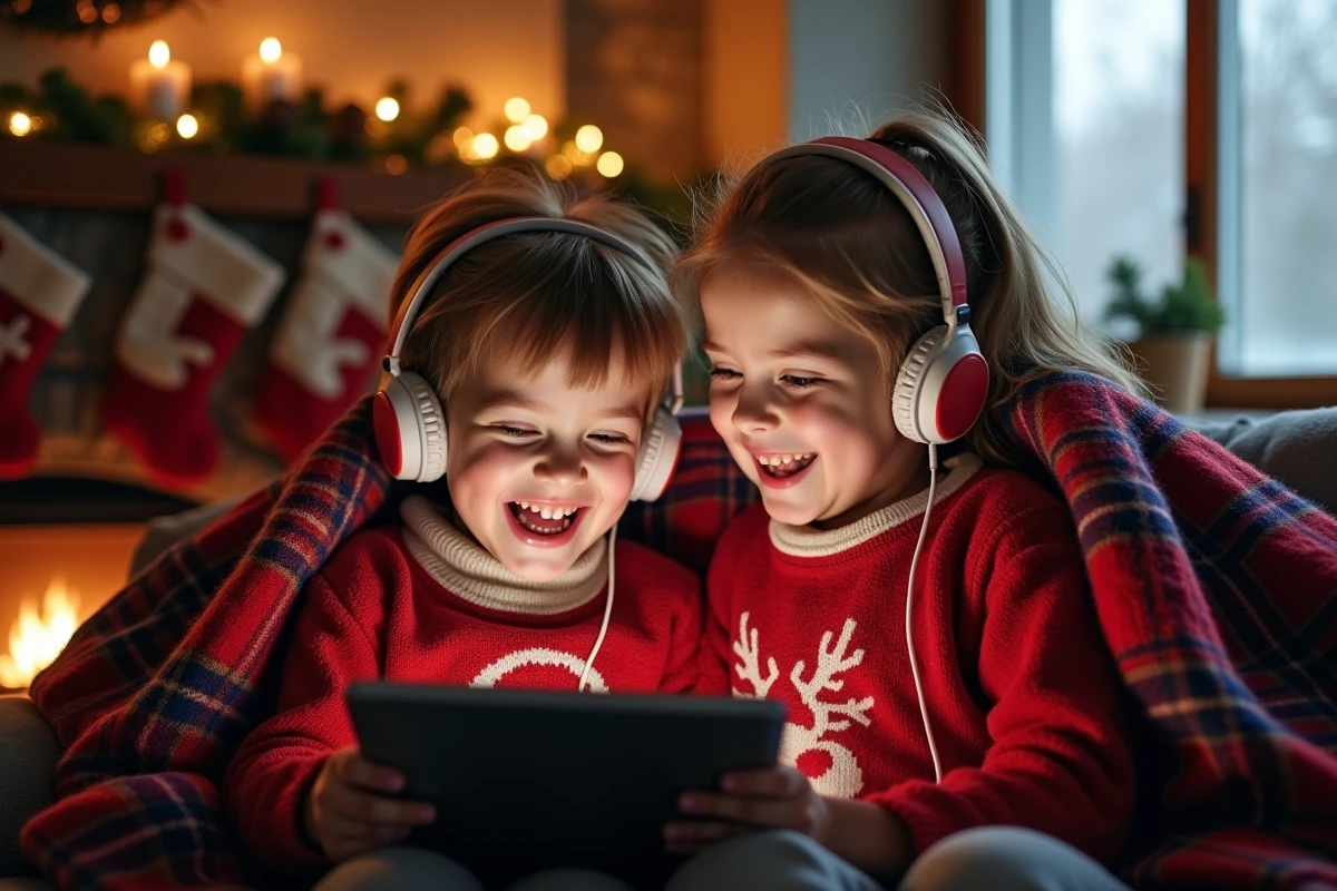 Deux enfants partageant des écouteurs sur un canapé pour écouter un message audio du Père Noël près de la cheminée