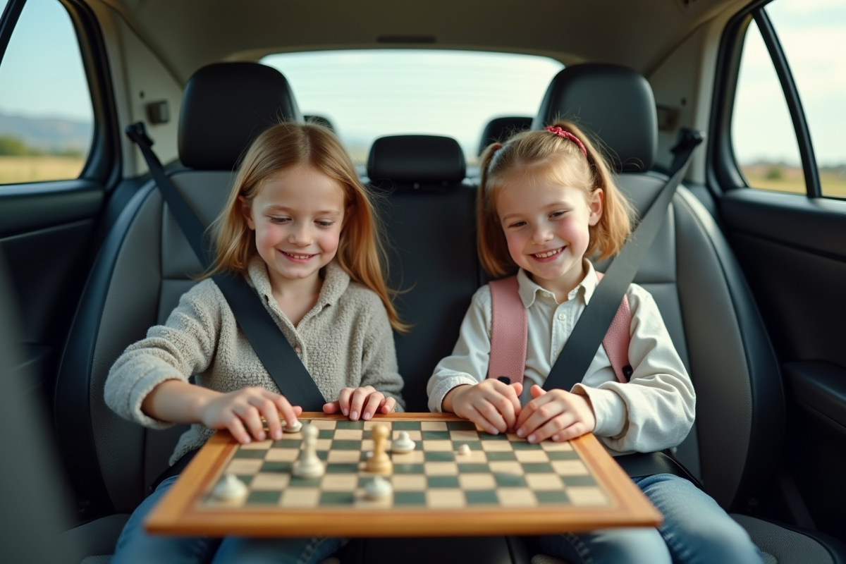 Deux enfants jouent à un jeu de société dans une voiture