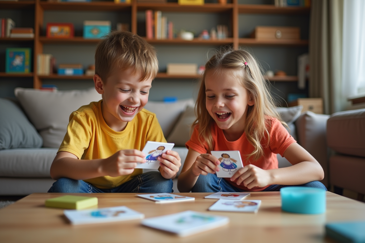 Deux enfants jouent et rient avec leur jeu Guess Who
