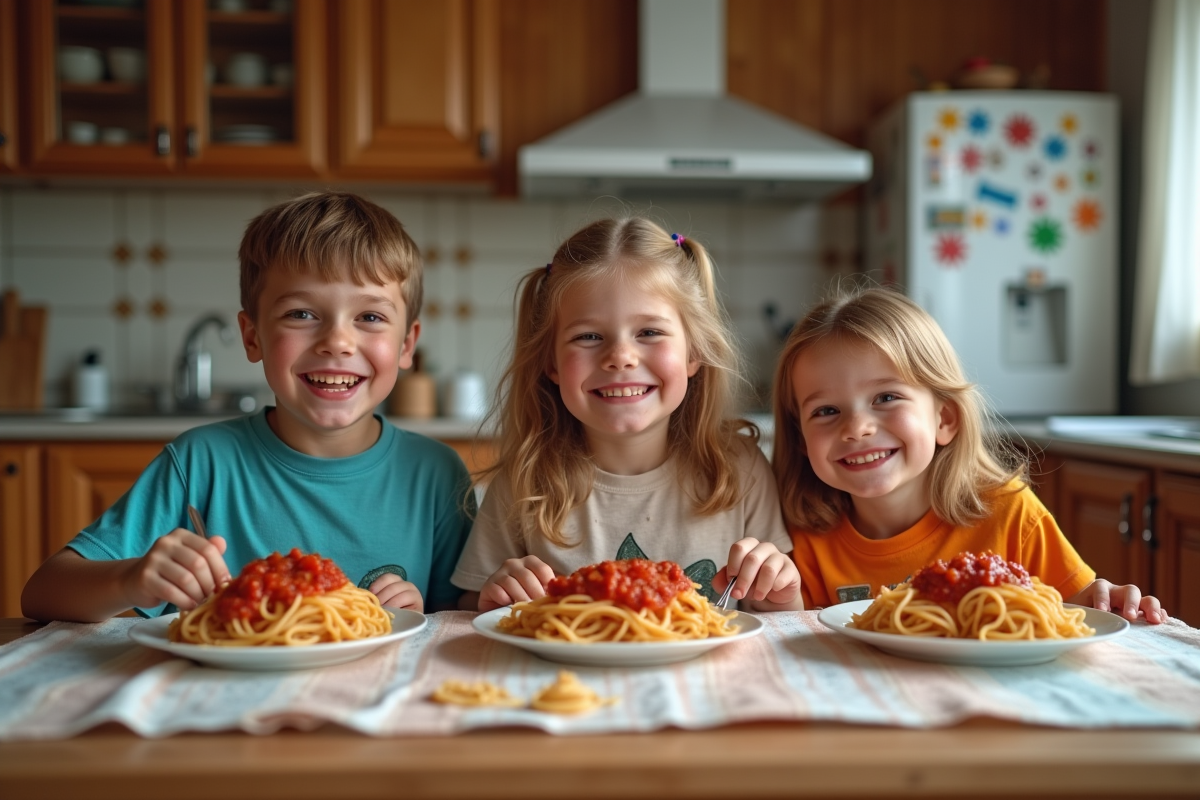 Trois enfants souriants autour d'une table de cuisine en train de manger des spaghetti