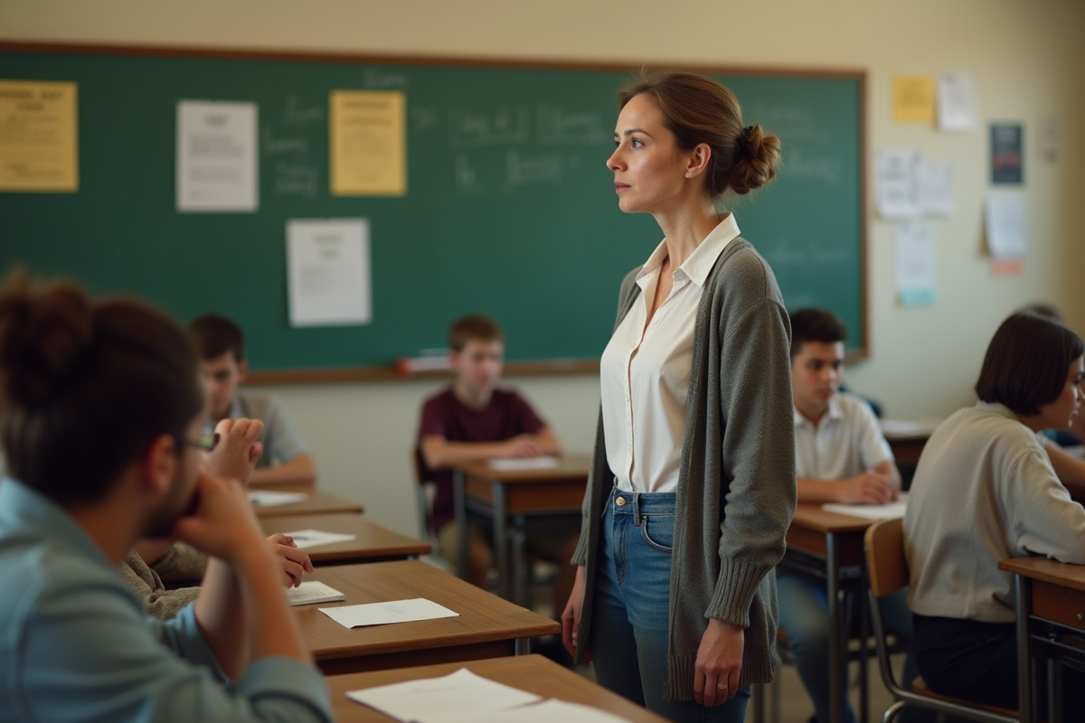 Professeure au lycée observant les élèves en groupe