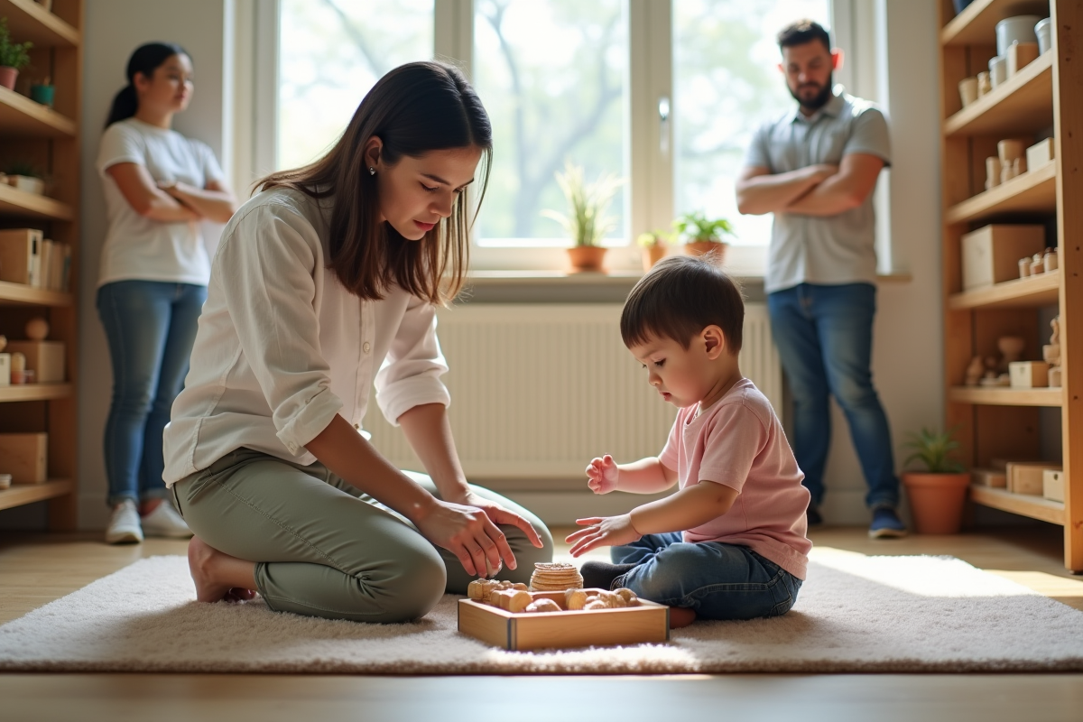 Enseignante aidant un enfant avec matériel Montessori