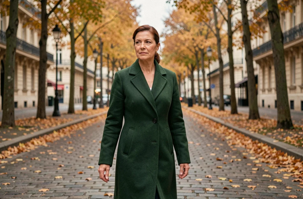 Femme élégante dans la soixantaine marchant dans une avenue parisienne en automne, évoquant la discrétion et la vie personnelle de l'épouse d'Alain Madelin