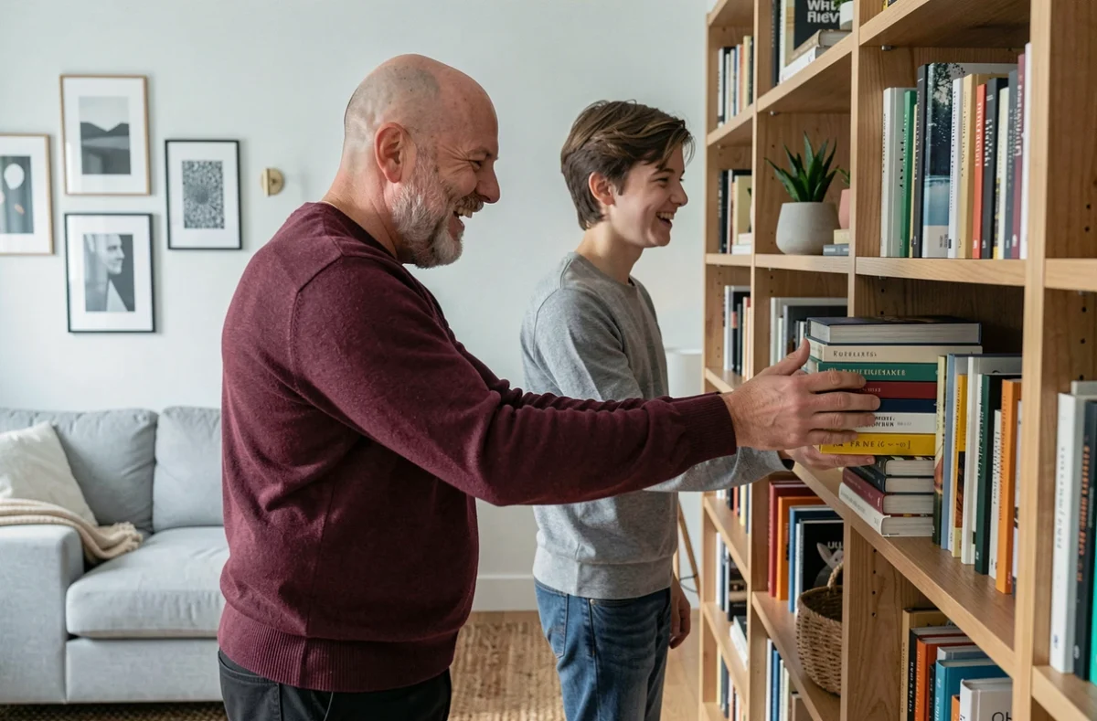 Homme mûr aidant un jeune adulte à ranger des livres dans un salon moderne, évoquant une relation père-enfant adoptif