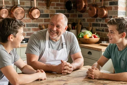 Chef Philippe Etchebest partageant un moment chaleureux avec des adolescents autour d'une table de cuisine familiale