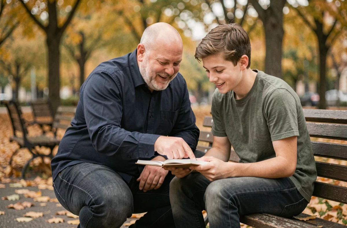 Homme bienveillant accompagnant un adolescent dans un parc en automne, illustrant le rôle de père adoptif
