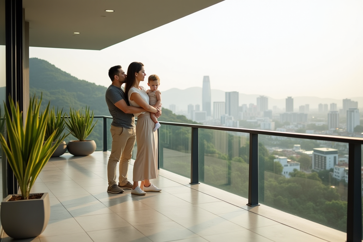 Famille sur un balcon avec vue sur la ville et la nature