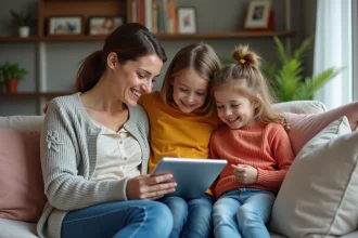 Femme souriante avec ses enfants dans un salon chaleureux