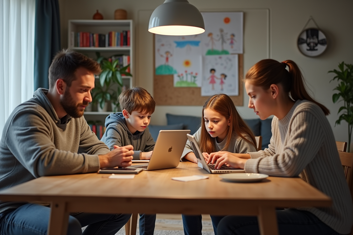 Famille française de quatre personnes utilisant des appareils numériques à table
