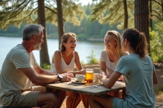 Famille multigénérationnelle en tenue estivale discutant autour d'une table de pique-nique au bord d'un lac en camping naturiste familial
