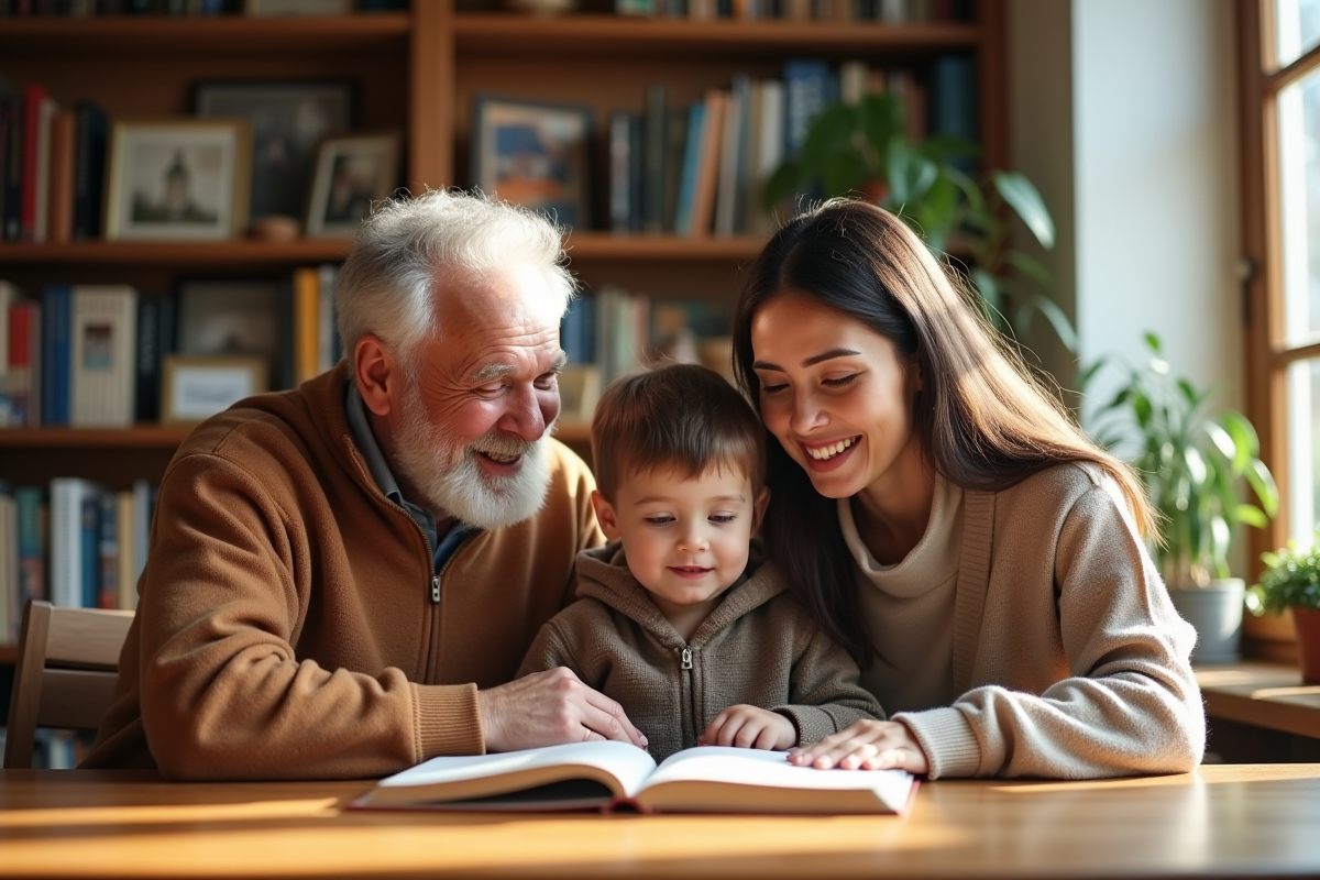 Famille multigeneration partageant une lecture dans la bibliothèque