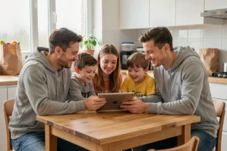 Famille réunie autour d'une tablette dans une cuisine moderne pour profiter des offres Family Deals
