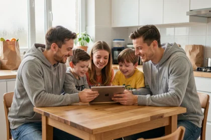 Famille réunie autour d'une tablette dans une cuisine moderne pour profiter des offres Family Deals