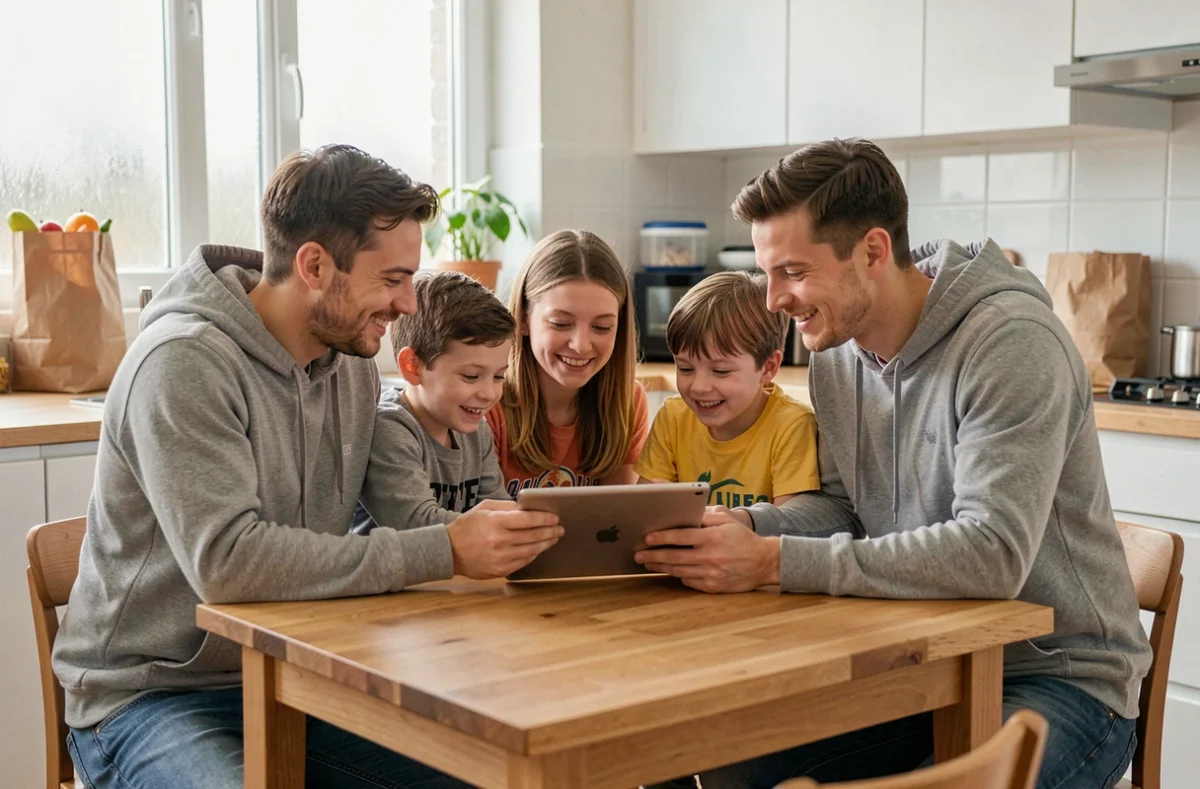Famille réunie autour d'une tablette dans une cuisine moderne pour profiter des offres Family Deals