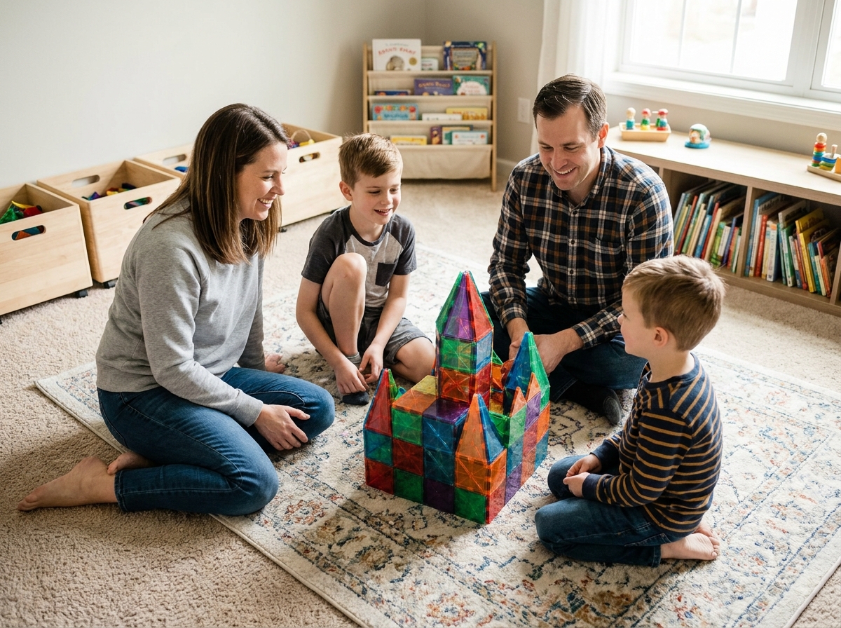 Famille entière jouant avec des tuiles magnétiques géantes dans la salle de jeux à la maison