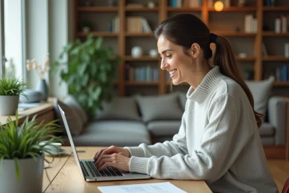 Femme d'&acirc;ge moyen utilisant un ordinateur portable dans un bureau &agrave; domicile