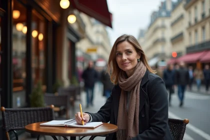 Femme pensant au caf&eacute; parisien en terrasse