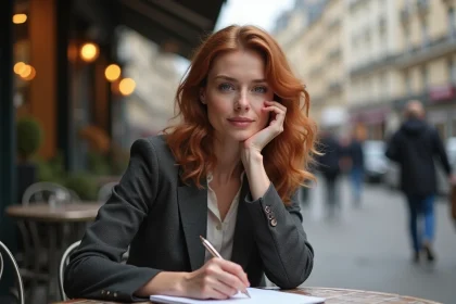 Femme assise dans un caf&eacute; parisien en pleine r&eacute;flexion