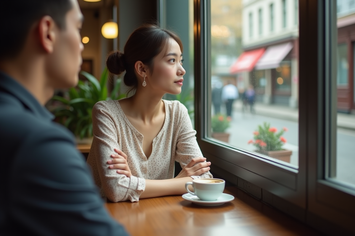 Femme assise au café regardant par la fenêtre