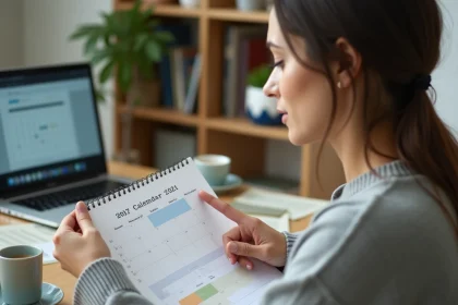 Femme consultant un calendrier papier avec semaines paires et impaires surlignées, assise devant un ordinateur affichant Google Agenda